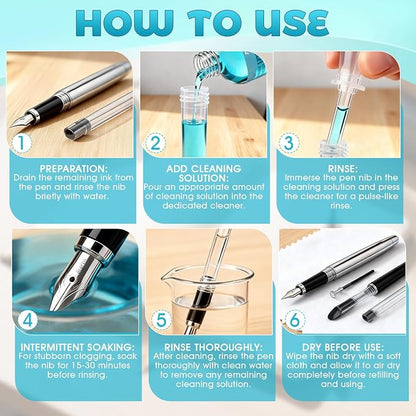 Fountain Pen Cleaner, Highly Efficient Rinsing, Long-Lasting Care, 6.67 Oz | Fountain Pen Cleaning Kit, Includes Complete Set of Tools, Won't Damage the Nib, Extends the Lifespan of Your Fountain Pen