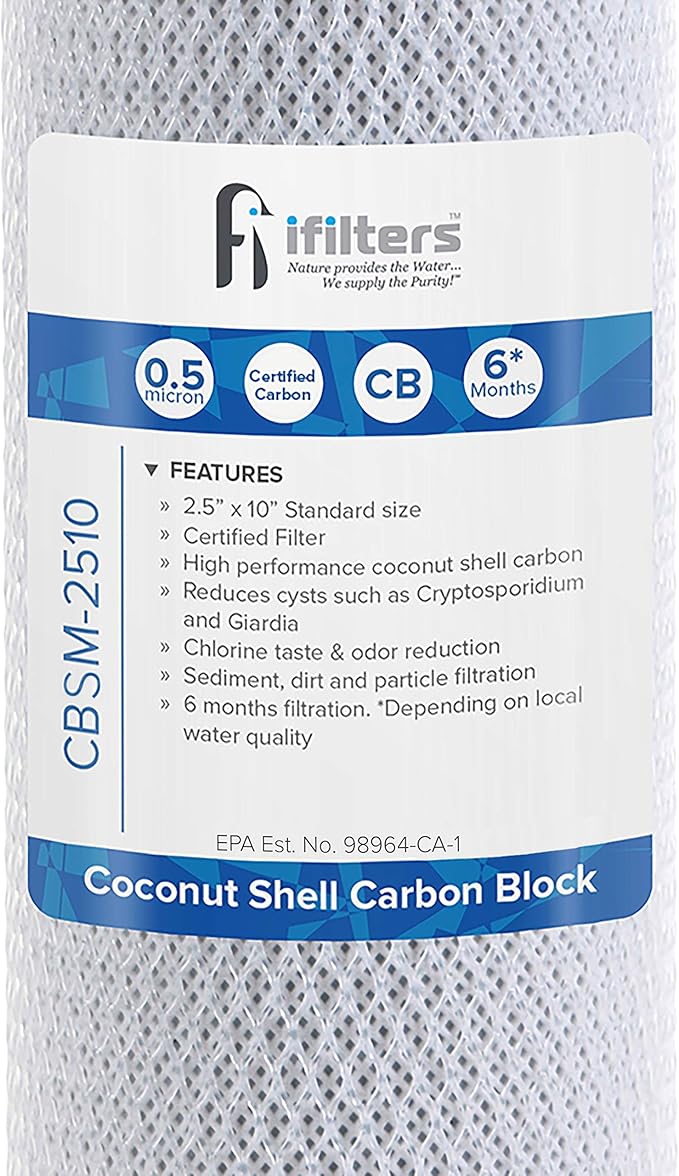 iFilters 0.5-Micron Carbon Block Water Filter – Coconut Shell CTO Drinking Water Filter Cartridge – 10-inch Replacement for Filtration Systems – 2.5" x 10" | 0.5 Micron Water Filter