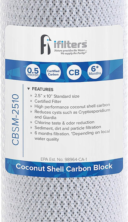 iFilters 0.5-Micron Carbon Block Water Filter – Coconut Shell CTO Drinking Water Filter Cartridge – 10-inch Replacement for Filtration Systems – 2.5" x 10" | 0.5 Micron Water Filter