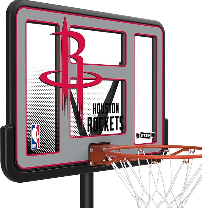Lifetime NBA Houston Rockets Portable Basketball Hoop, Adjustable Height 7.5-10 Ft, 44 Inch Shatterproof Fusion Backboard, Base with Wheels