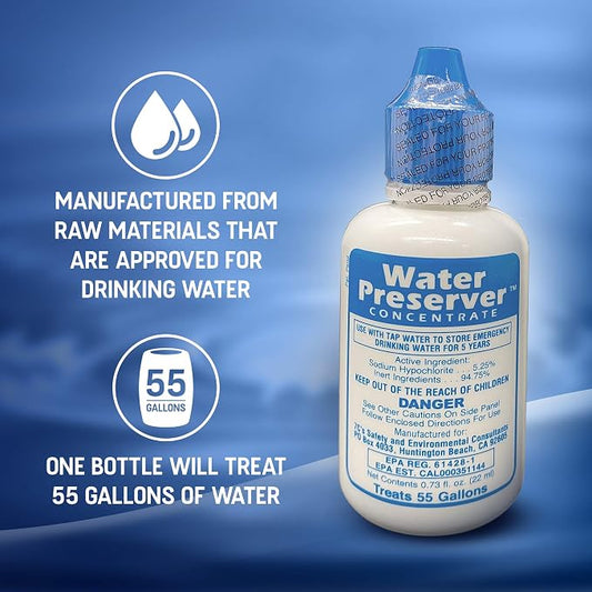 Water Preserver Concentrate for 55 Gallon, 5-Year Emergency Drinking Water Treatment and Storage Drops
