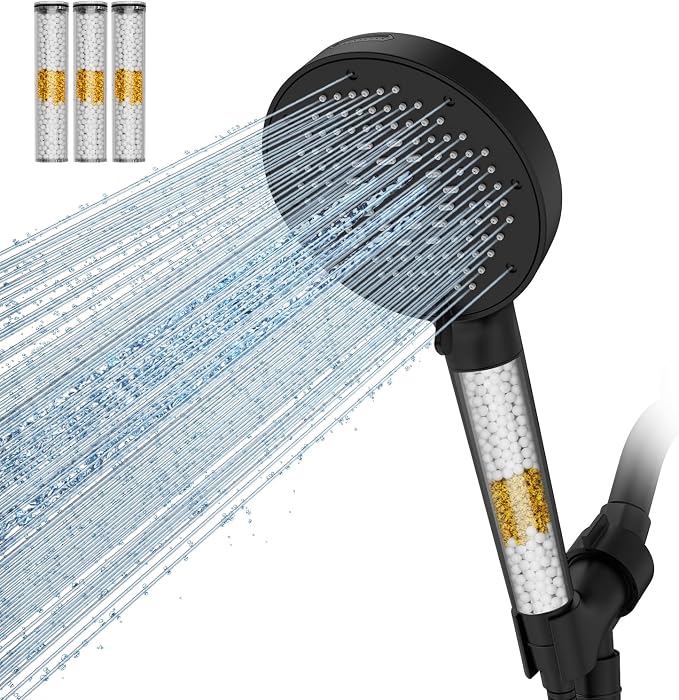 SR SUN RISE NSF Certified Filtered Shower Head with Handheld for Hard Water to Remove Chlorine High Pressure 9-Spray Setting (with Power Wash) Anti-Clog Nozzles (4 Filters, Matte Black)