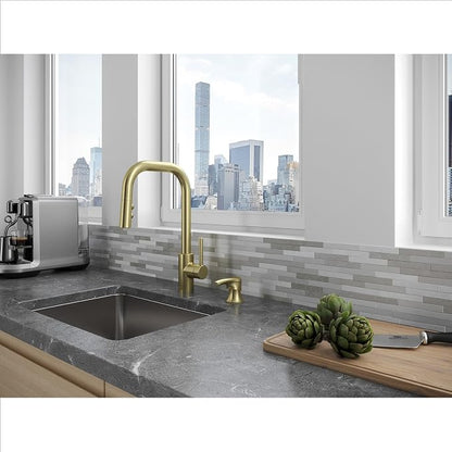 Pfister Zanna Kitchen Faucet with Pull Down Sprayer and Soap Dispenser, Single Handle, High Arc, NSF Certified, Brushed Gold Finish, F5297ZNRBG