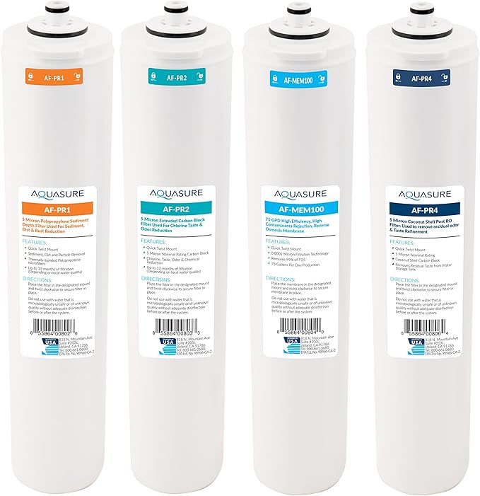 Aquasure Premier Series Complete 4-Stage Quick Twist Filter Replacement Cartridge Bundle Set AF-CP100 | Compatible with AS-PR100 Under Sink Reverse Osmosis RO Filtration System for Well Water