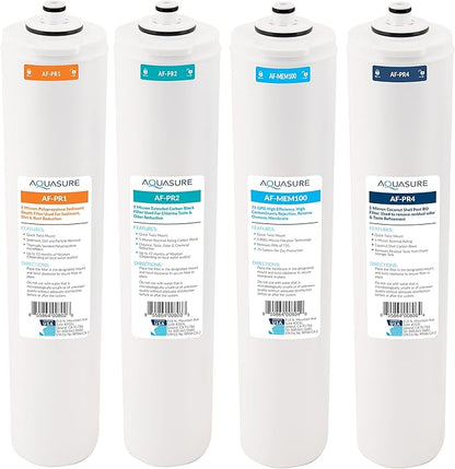 Aquasure Premier Series Complete 4-Stage Quick Twist Filter Replacement Cartridge Bundle Set AF-CP100 | Compatible with AS-PR100 Under Sink Reverse Osmosis RO Filtration System for Well Water