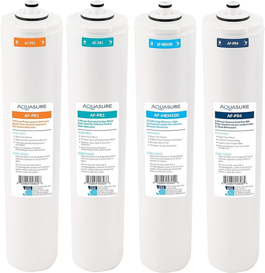 Aquasure Premier Series Complete 4-Stage Quick Twist Filter Replacement Cartridge Bundle Set AF-CP100 | Compatible with AS-PR100 Under Sink Reverse Osmosis RO Filtration System for Well Water
