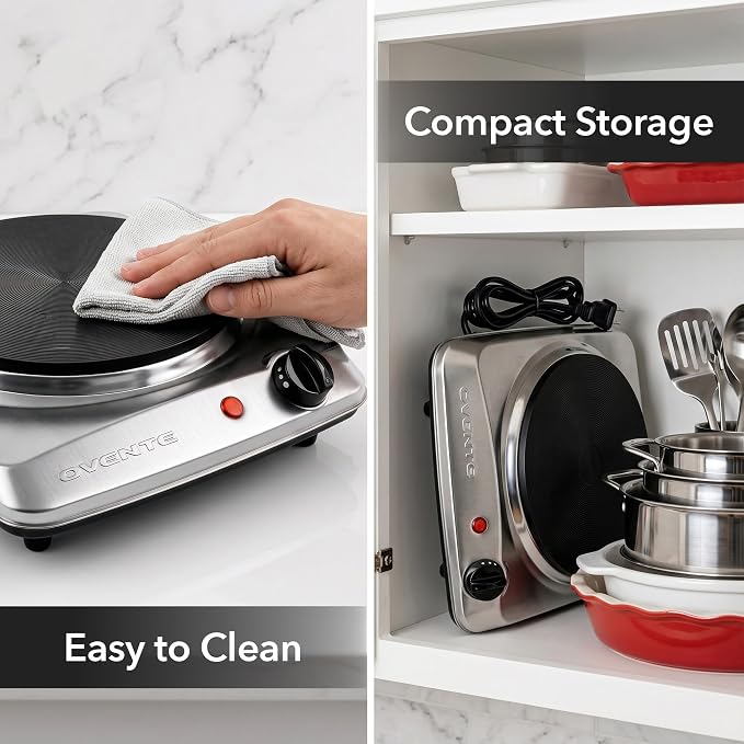 OVENTE Electric Cast Iron Single Burner, 1000W Hot Plate, Silver BGS101S | 7.25" Portable Countertop Cooktop, Stainless Steel, 5 Level Temperature Control, Compact Cooking Stove, Easy to Clean