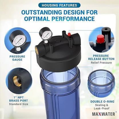 20 x 4.5 Whole House 1 Stage PP Pleated Sediment Filter System w/ 1" NPTF Port Housing Head Includes 50 Micron Pleated Sediment Filter, Gauge & Bracket BB-20B WH100SP WDS150K CB1-CAB20-BB DB20P
