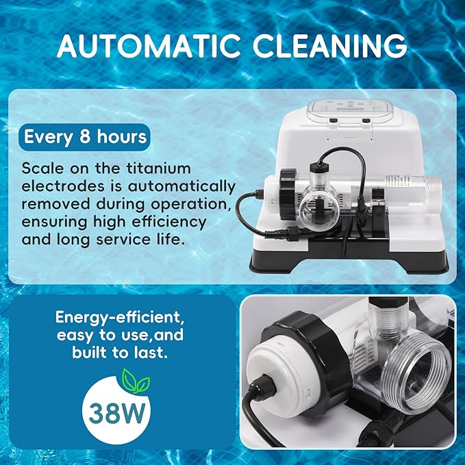 Saltwater Chlorinator System for Above Ground Pools up to 10,000 Gallons,Test Strip Included,Self-Cleaning Saltwater Pool Chlorinator Generator