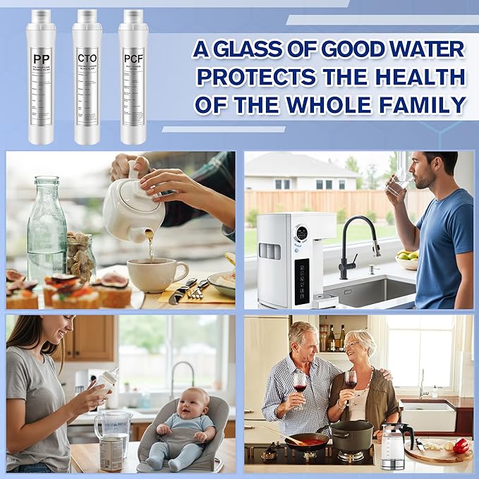 3 Pack Water Filter Replacement Compatible with Bluevua RO100ROPOT, Water Filters Set, 1 PP, 1 CTO, 1 PCF, Improved Drink Quality, Easy to Replace for Household Daily Use Drinking