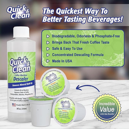 Quick & Clean 4-Pack of Cleaning Cups with Descaler Bundle (2 Total Uses) - 2.0 Compatible, Descaling Solution for Keurig, Nespresso, Ninja, Delonghi, All Coffee and Espresso Machines