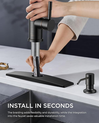 FORIOUS Kitchen Faucet with Soap Dispenser and Pull Down Sprayer, Bar High Arc Single Handle Classic 3 Modes Stainless Steel Faucet for Kitchen Sink Farmhouse RV Laundry Camper, Oil Rubbed Bronze