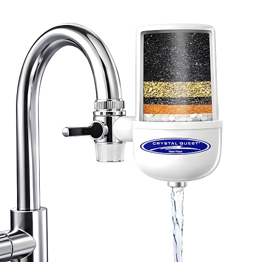 Crystal Quest Faucet-Mount Water Filtration System, ISO Certified 6-Stage Filtration, No-Wait Filtering, Removes Chlorine & Heavy Metal, 2000-Gallon Capacity, Easy Kitchen Faucet Installation - White