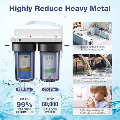 SimPure Whole House Water Filter System, 2 Stages Clear Home Water Pre-Filtration with Carbon and KDF Filters, Reduce Iron, Chlorine, Manganese, Heavy Metals, 1" NPT Brass Port(DB10C-2KDF)