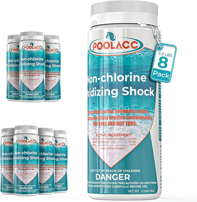 Non-Chlorine Spa Shock for Hot Tub -2.2 lbs×8 Packs, Chlorine-Free Shock Oxidizer Treatment for Hot Tubs, Spas and Swimming Pools, Fast Acting Oxidizing Shock for Crystal Clear Water, 17.6 lbs