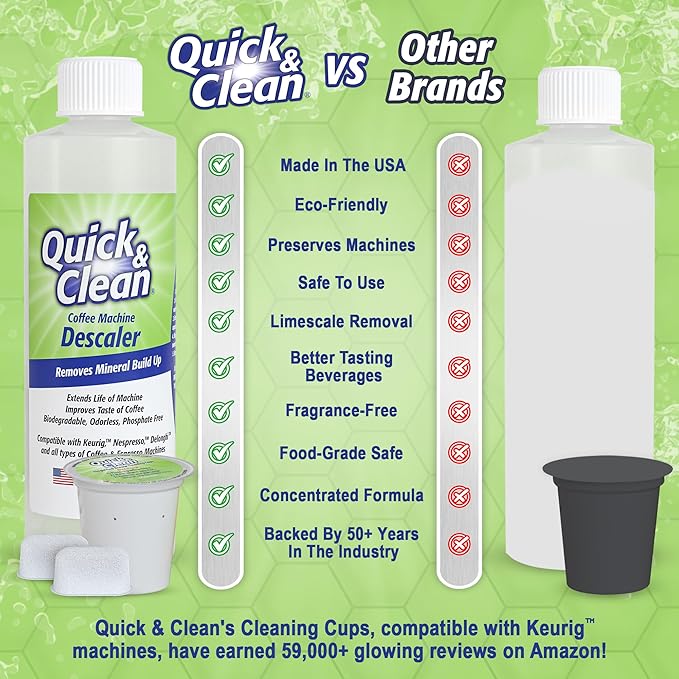 Quick & Clean 4-Pack Cleaning Cups with Descaler Bundle (2 Total Uses) - 2.0 Compatible, Descaling Solution for Keurig, Nespresso, Ninja, Delonghi, All Coffee and Espresso Machines (5)