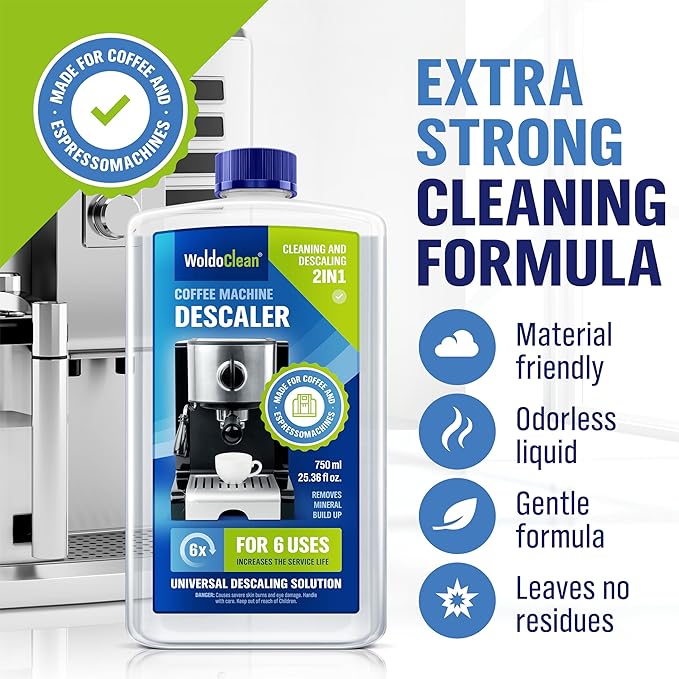 WoldoClean Descaler Solution for Coffee Maker 25.4 oz - 6 Uses Descaling Liquid compatible with Keurig, Nespresso, Breville, Espresso Machines