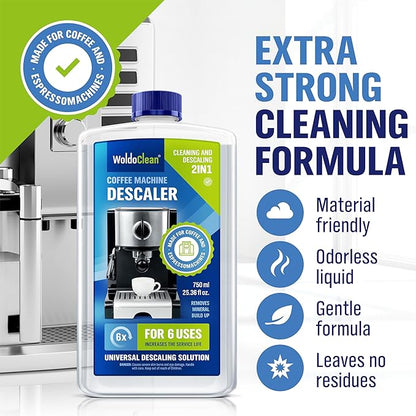 WoldoClean Descaler Solution for Coffee Maker 25.4 oz - 6 Uses Descaling Liquid compatible with Keurig, Nespresso, Breville, Espresso Machines
