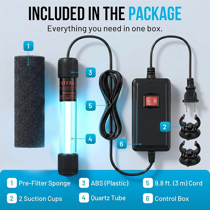 Aquarium UV-C Light 5W – Submersible UV Clarifier for Freshwater & Saltwater Tanks, Sumps & Small Ponds – Clears Green Water Fast – 9.8 ft Power Cord – Filter Sponge & 2 Suction Cups Included!
