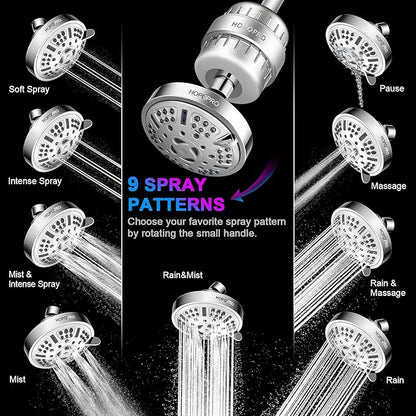 HOPOPRO 9 Modes Shower Head and 18 Stages Shower Filter Combo, High Pressure Filtered Showerhead High Output Shower Head Combo Purifying Water for Water Healthy Life
