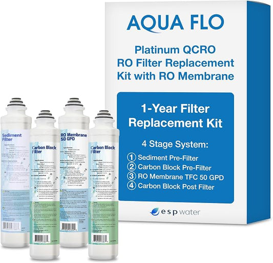 Genuine Aqua Flo Platinum QCRO RO Filter Kit with 50 GPD Membrane and Cartridges | 4-Stage Filtration, Easy Install, Contaminant Reduction, Improved Taste, Cost-Effective Water Solution | Genuine 4-stage replacement set: 50 GPD membrane plus 3 cartridg...