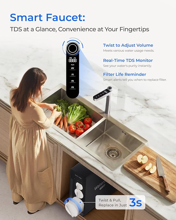 Waterdrop X16-BAS Reverse Osmosis Water Filter, Alkaline Mineral, NSF/ANSI 42&58&372 Certified, 1600 GPD, 11-Stage Filtration, UnderSink RO, 3:1 Pure to Drain, Smart Stainless Steel Faucet, BPA Free