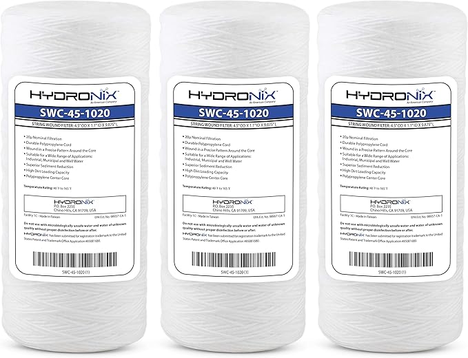 Hydronix HX-SWC-45-1020/3 Universal Whole House Sediment String Wound Water Filter Cartridge 4.5 inch x 10 inch - 20 micron - 3 Pack, White