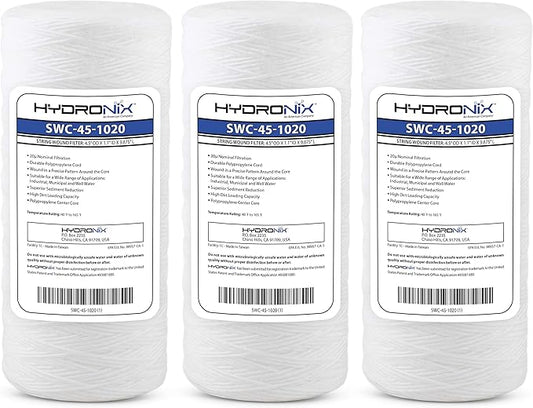 Hydronix HX-SWC-45-1020/3 Universal Whole House Sediment String Wound Water Filter Cartridge 4.5 inch x 10 inch - 20 micron - 3 Pack, White