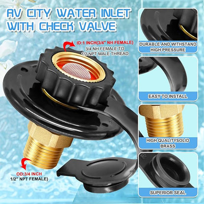 FANOVO RV City Water Inlet,RV Water Inlet Replacement with 3/4 NH Female to 1/2 NPT Male,RV City Water Inlet with Check Valve for RV Marine Camper Motorhome Trailer