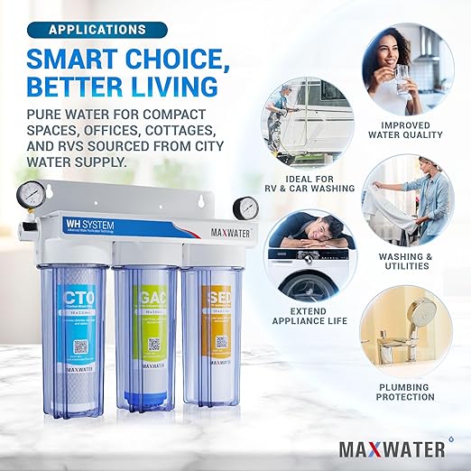 Max Water 3 Stage (Good for City Water) 10 inch Standard Water Filtration System for Whole House - Sediment + GAC + CTO Post Carbon - ¾ Inlet/Outlet