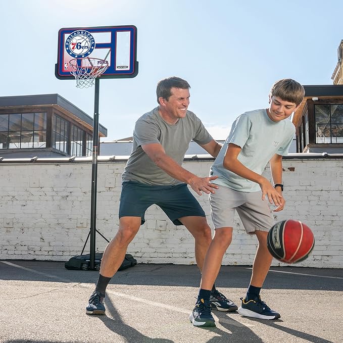 Lifetime NBA Philadelphia 76ers Portable Basketball Hoop, Adjustable Height 7.5-10 Ft, 44 Inch Shatterproof Fusion Backboard, Base with Wheels