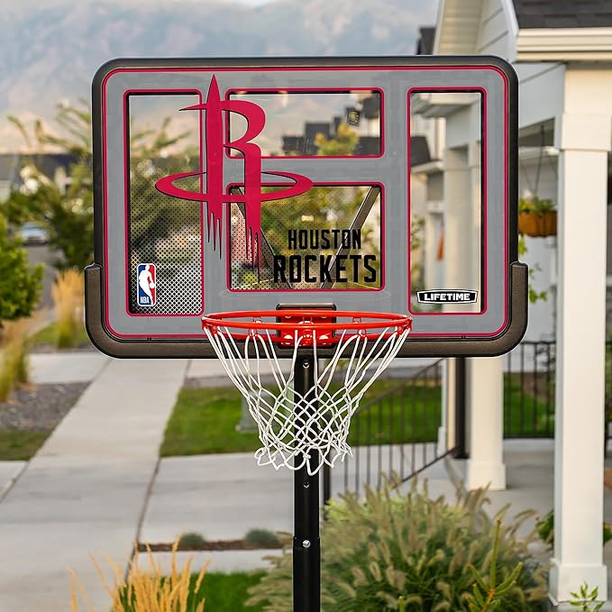 Lifetime NBA Houston Rockets Portable Basketball Hoop, Adjustable Height 7.5-10 Ft, 44 Inch Shatterproof Fusion Backboard, Base with Wheels