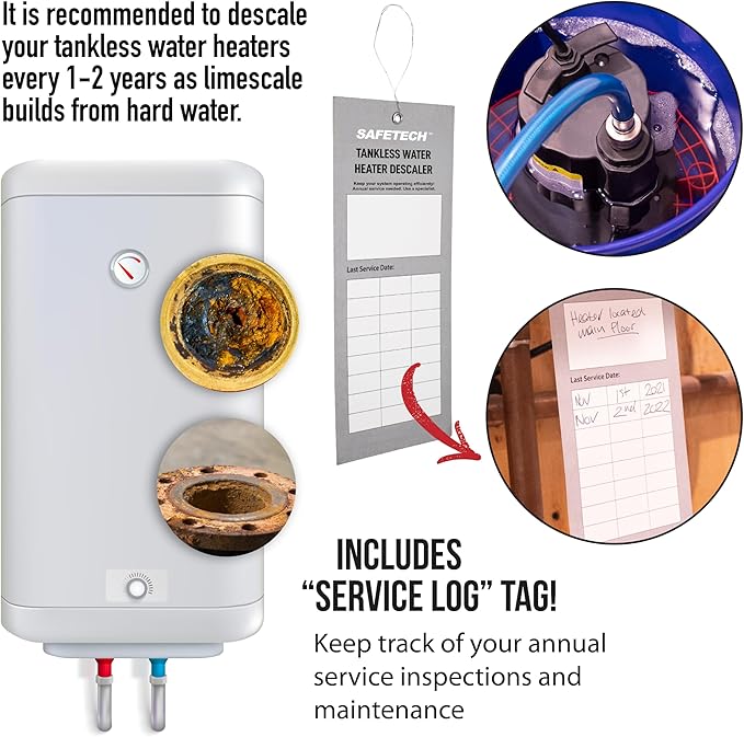 Safetech Tankless Water Heater Flushing Kit with 5-Gallon Screw-Top Lid, Premium Hoses, 1/6 HP Utility Pump, 4 Quarts Descaler, and Pump Grate