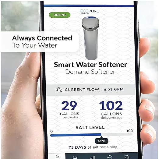 EcoPure EPW140 Smart Whole House Water Softener with Wi-Fi – App Monitoring, Smart Alerts, AutoSense AI Efficiency, Compact Cabinet Design