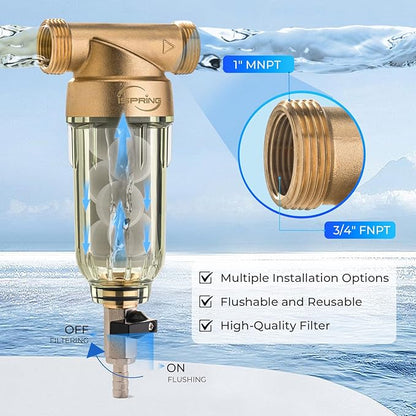 iSpring WSP-1000SL Reusable Whole House Spin Down Sediment Water Filter, Siliphos Helps Prevent Scale and Corrosion, 1" MNPT + 3/4" FNPT, 1000 Micron