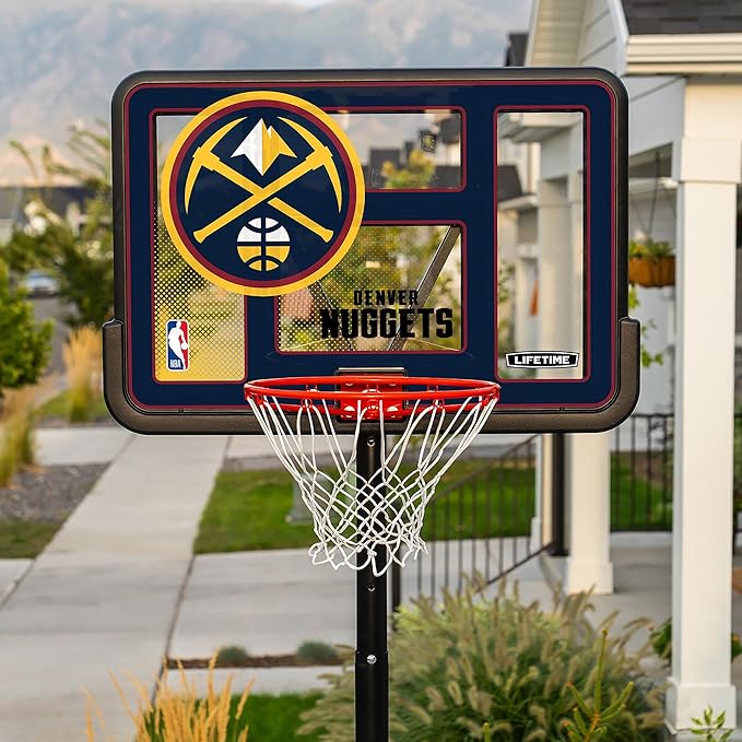 Lifetime NBA Denver Nuggets Portable Basketball Hoop, Adjustable Height 7.5-10 Ft, 44 Inch Shatterproof Fusion Backboard, Base with Wheels