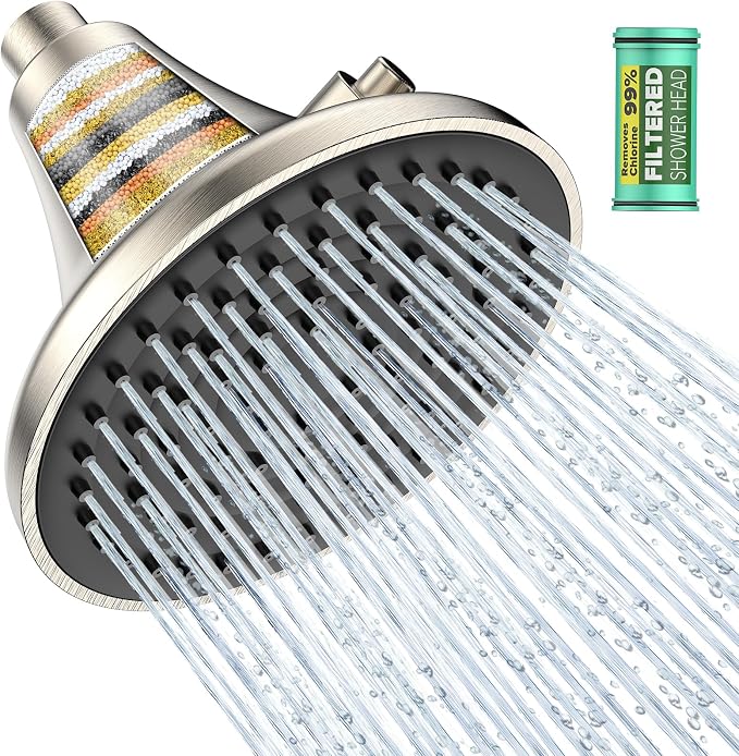 Homlord High Pressure Filtered Shower Head, One-Button Filter Replacement, Removes Chlorine & Impurities, Say Goodbye to Dry Skin & Frizzy Hair, 1-Minute Installation, Brushed Nickel