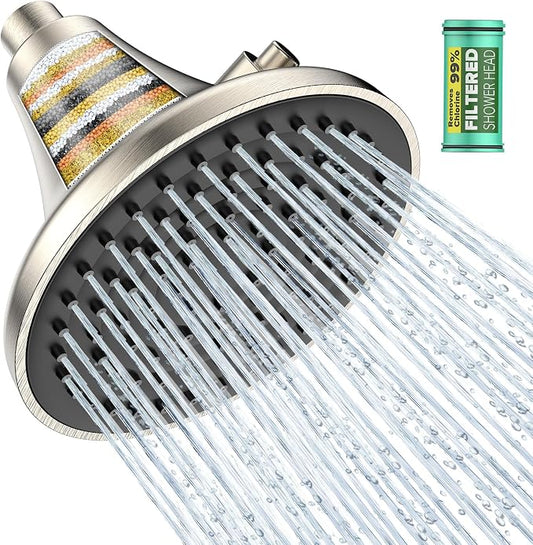 Homlord High Pressure Filtered Shower Head, One-Button Filter Replacement, Removes Chlorine & Impurities, Say Goodbye to Dry Skin & Frizzy Hair, 1-Minute Installation, Brushed Nickel