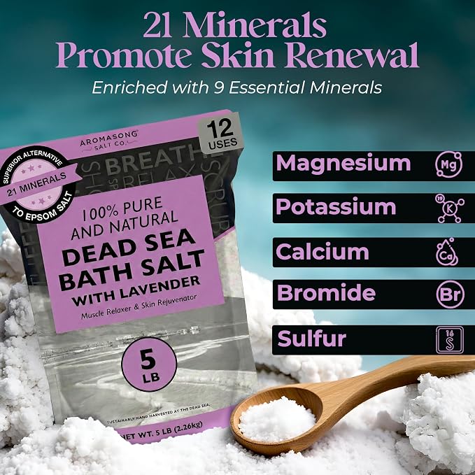 Aromasong Pure Dead Sea Salt for Soaking with 100% Natural Lavender, 5 LB - Spa Bath Salt Fine Grain - Body Wash Scrub - Soak for Women & Men- Bulk Resealable Pack (Packaging May Vary)