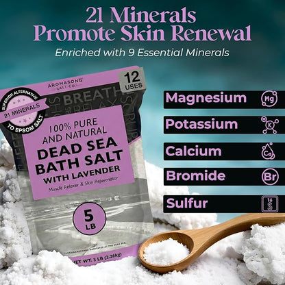 Aromasong Pure Dead Sea Salt for Soaking with 100% Natural Lavender, 5 LB - Spa Bath Salt Fine Grain - Body Wash Scrub - Soak for Women & Men- Bulk Resealable Pack (Packaging May Vary)