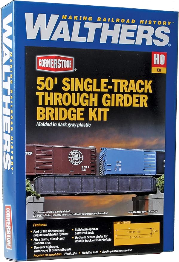 Walthers Cornerstone HO Scale Model 50' Single-Track Railroad Through Girder Bridge - Kit