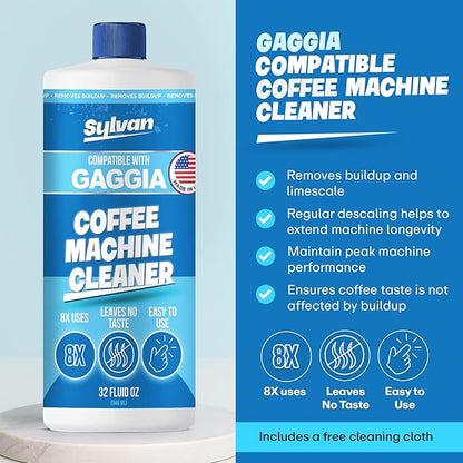 Descaling Solution Compatible with Gaggia | Free Cleaning Cloth | 12 Month Supply | Made in the USA | Descaling Kit for all Gaggia Machines | 32 Oz | Coffee Machine Cleaner for Espresso Makers