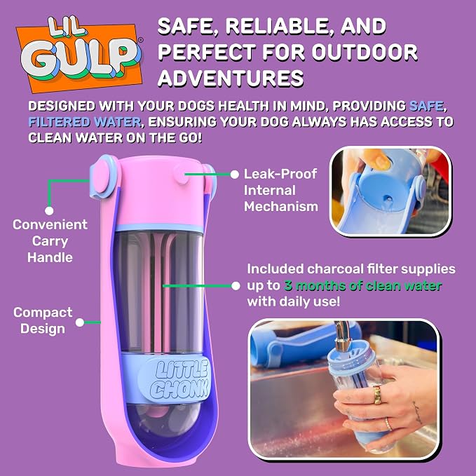 Lil Gulp Dog Water Bottle 15 Fl oz Portable Travel Bottle (Power Punch) | Advanced Carbon Filtration for Safe Filtered Water on the Go, BPA-Free, Leak-Proof, Retractable Spout, Walks, Hiking, Camping