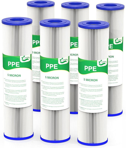 5 Micron Water Filter 10" x 2.5", 10-inch Whole House Sediment Pre-Filters for Well & Municipal water, Replacement Cartridge for FXWPC, EQ-PFC35, ECP5-10, S1, 3WH-STDPL-F02, SPC-25-1005, 6-Pack