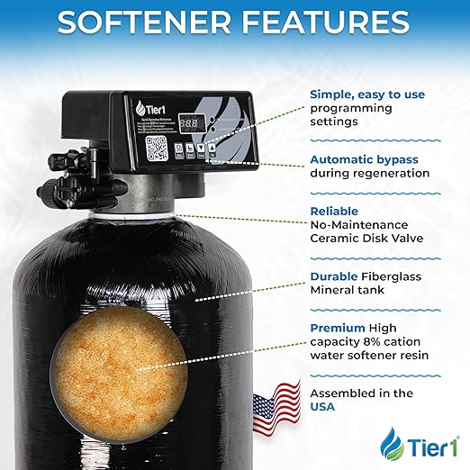 Tier1 Whole House Water Softener System 64000 Grain Capacity | High Efficiency Design with Ceramic Control Valve | Preloaded 2 Cubic Foot Resin Mineral Tank | Home Filtration System for 5 to 6 Baths
