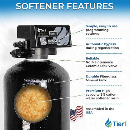 Tier1 Whole House Water Softener System 64000 Grain Capacity | High Efficiency Design with Ceramic Control Valve | Preloaded 2 Cubic Foot Resin Mineral Tank | Home Filtration System for 5 to 6 Baths