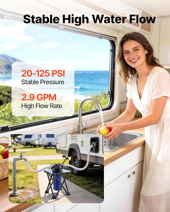 VEVOR RV Water Filter System for Campers, RVs & Travel Trailers, 2.5 x 10 in 5-Micron Filter with Cartridge & Bracket, Reduces Sediment, Chlorine, Bad Taste & Odors