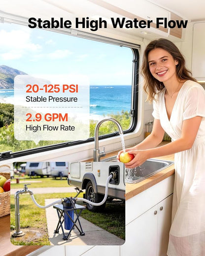 VEVOR RV Water Filter System for Campers, RVs & Travel Trailers, 2.5 x 10 in 5-Micron Filter with Cartridge & Bracket, Reduces Sediment, Chlorine, Bad Taste & Odors