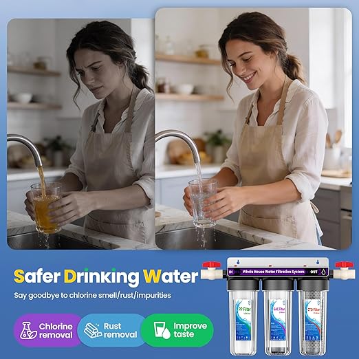 Whole House Water Filter System, 3-Stage Home Water Filtration System, Extra 2 Sets of Filters, 1.5-2 Years Filter Life, Reduce Chlorine Sediment Taste, 3/4" Ports with 2 Valves, for Well & City Water