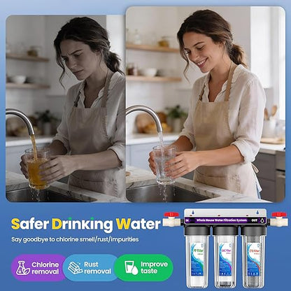 Whole House Water Filter System, 3-Stage Home Water Filtration System, Extra 2 Sets of Filters, 1.5-2 Years Filter Life, Reduce Chlorine Sediment Taste, 3/4" Ports with 2 Valves, for Well & City Water